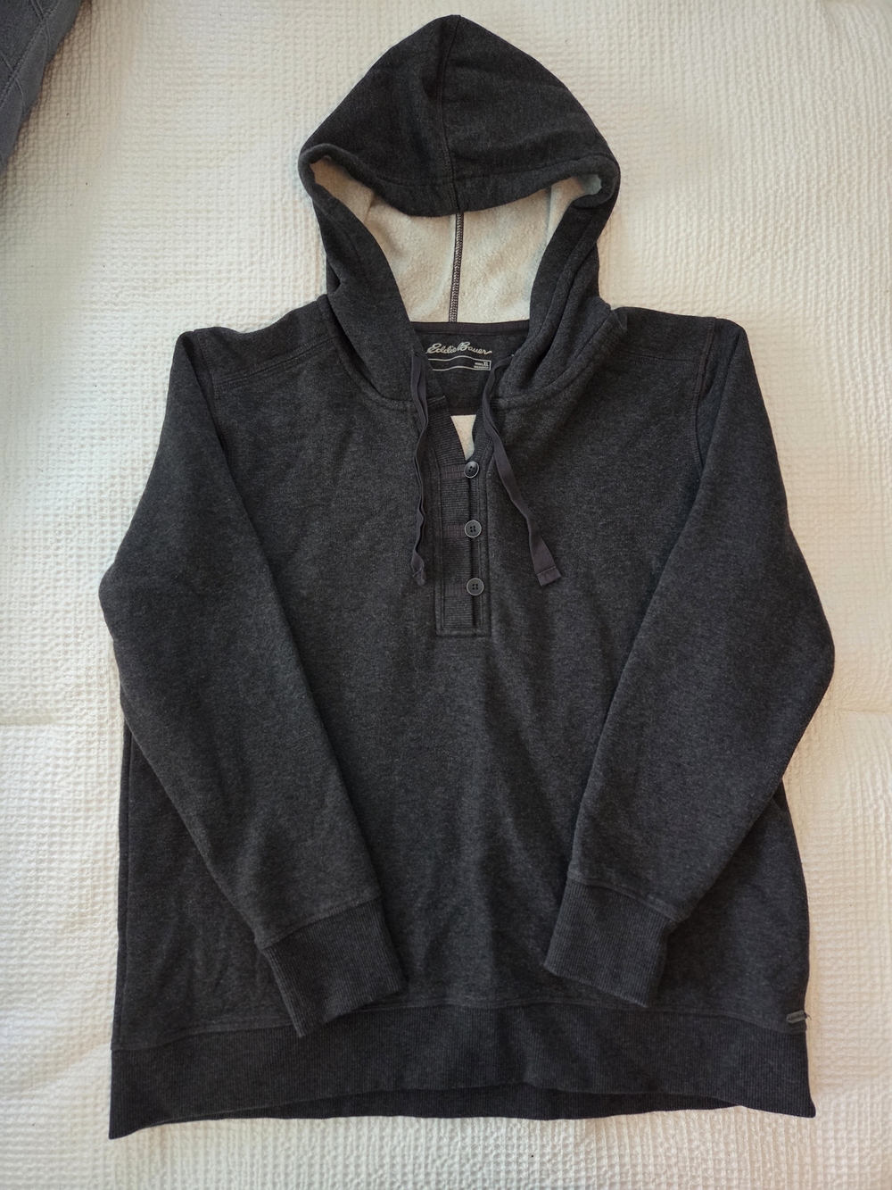 Eddie Bauer Women's Fleece Lined Charcoal Henley Pullover With Hood